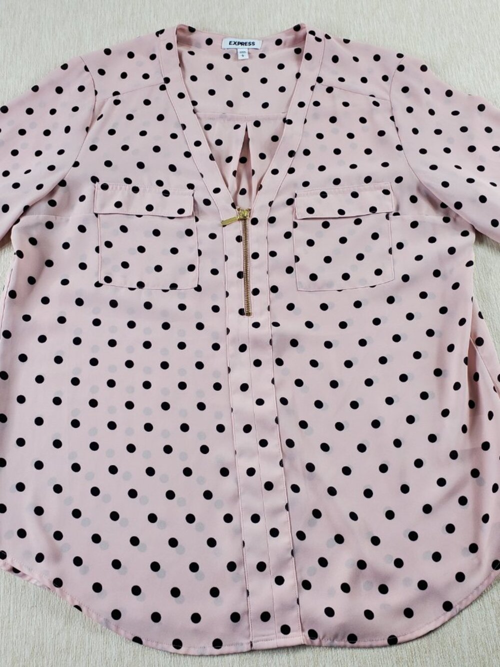 Express Sheer Blouse Large Pink/Black Polka Dot Zip V-Neck Roll Tab Sleeve - Picture 6 of 12